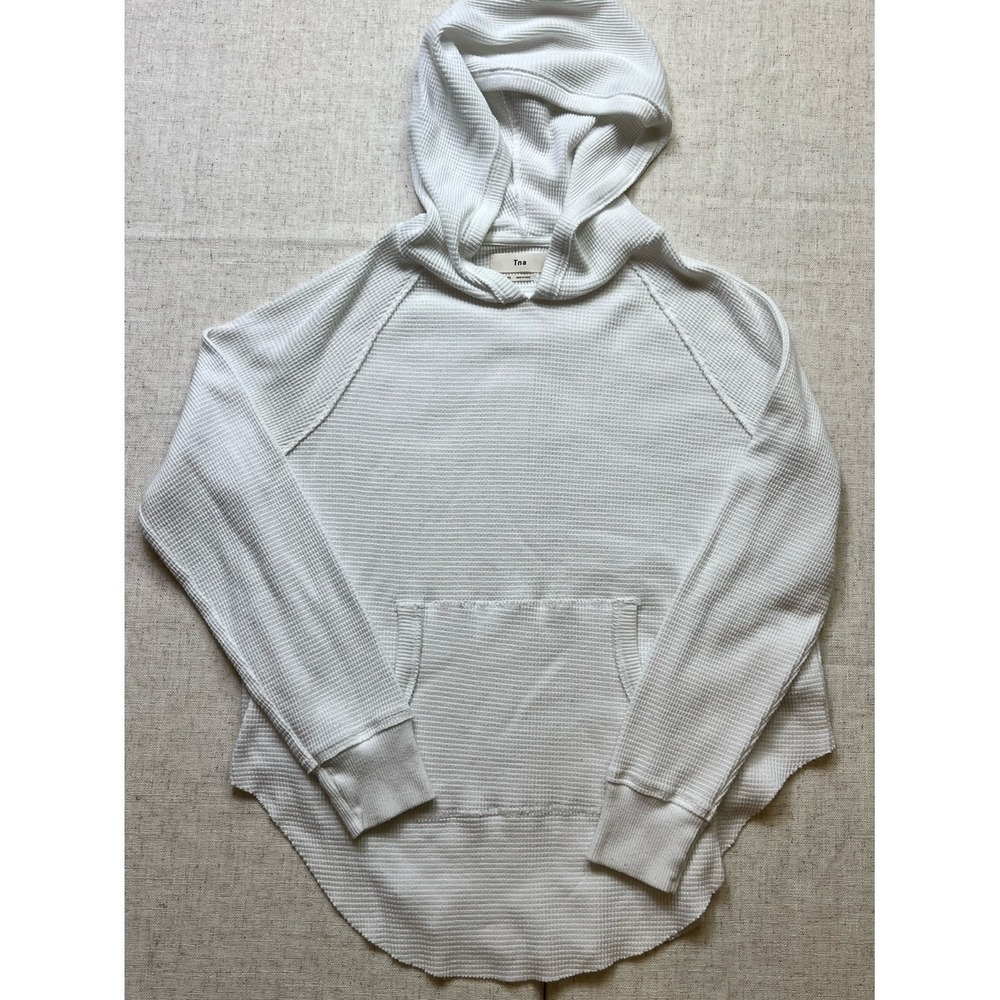 Tna Aritzia White Waffle Knit Hooded Sweater Curved Hem XS WAF3-1837-36